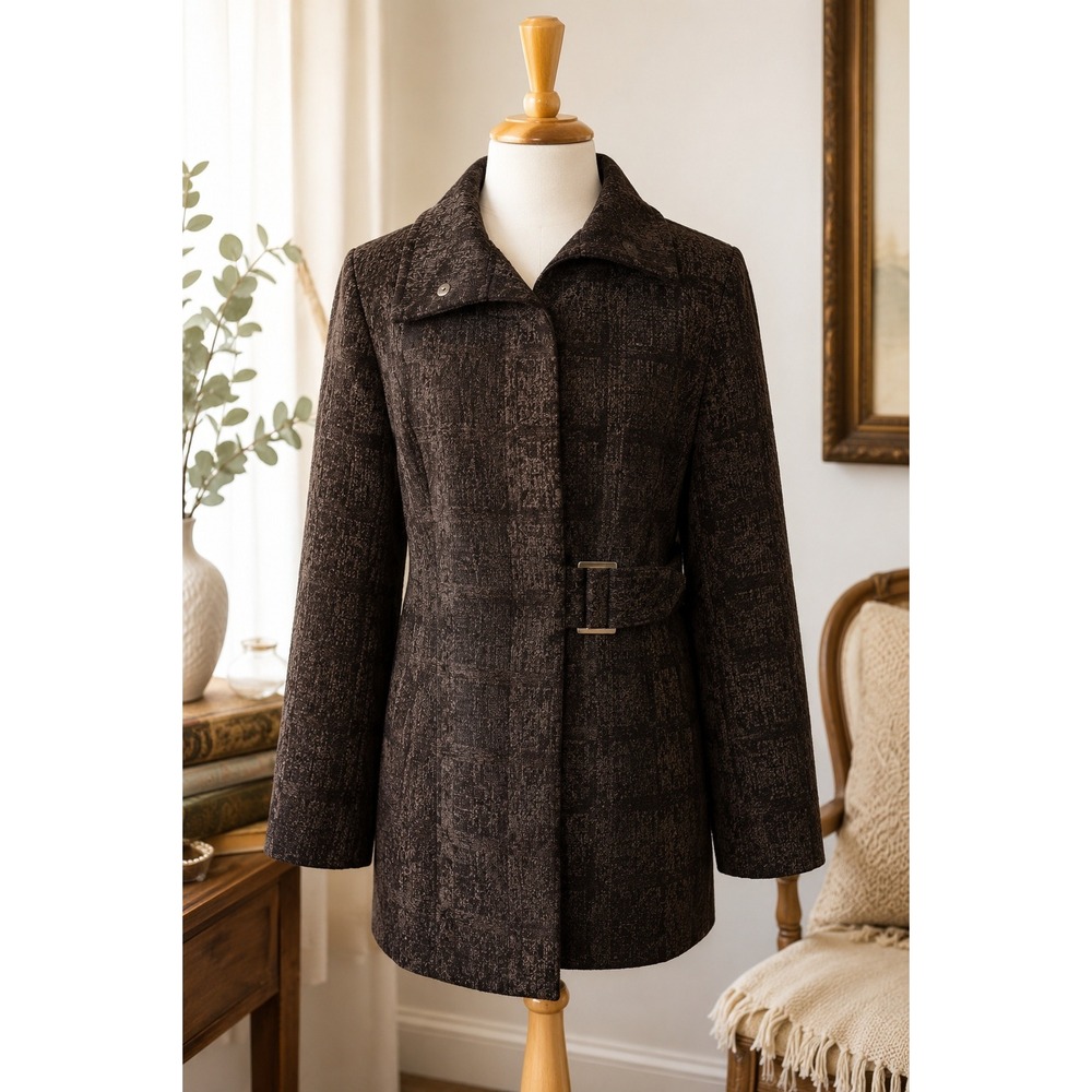 Brown Textured Grid Car Coat Jacket Size 10 Buckle Detail Corpcore Neutral